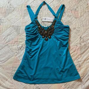 cache vintage y2k deadstock metal jeweled blue cinched halter top size small